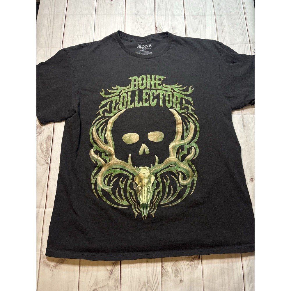 Bone Collector Mens Large Black Green Graphic Tshirt Short Sleeve Skull Logo
